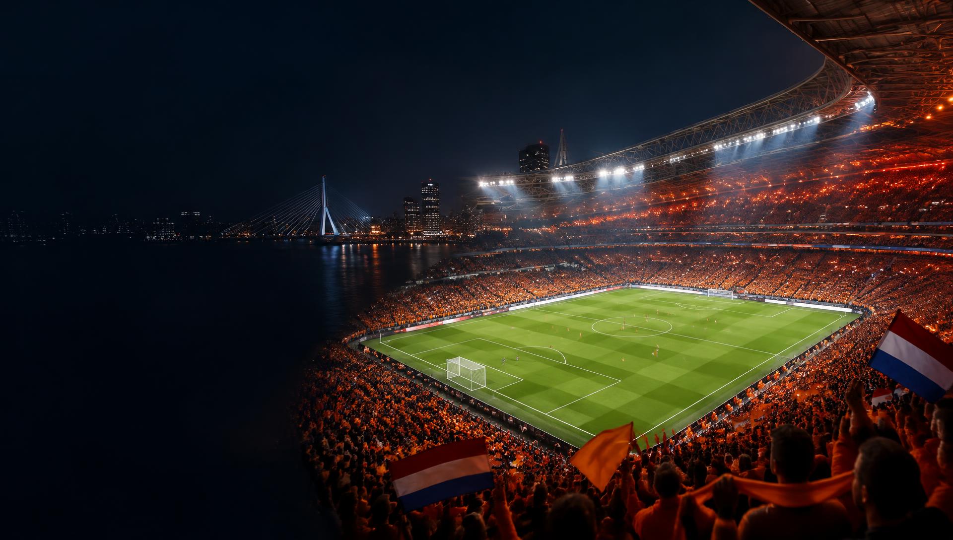 Voetbalstadion vol Nederlandse supporters tijdens een avondwedstrijd